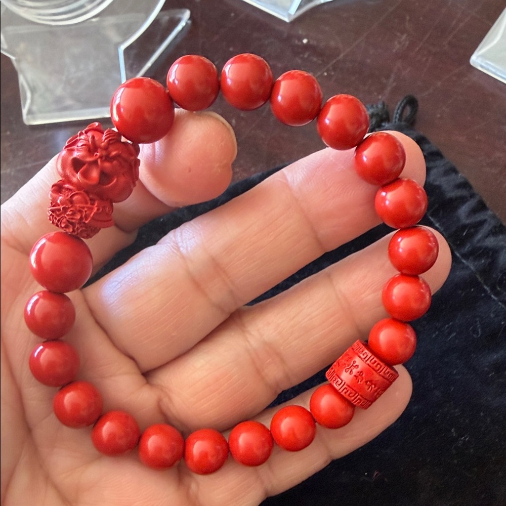Elegant Red Cinnabar Beaded Bracelet double charm lucky dragon and wheel